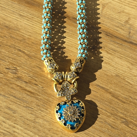 Vintage Gold & Turquoise Enamel Heart Pendant Necklace | Crystal Cross Medallion - Picture 9 of 9